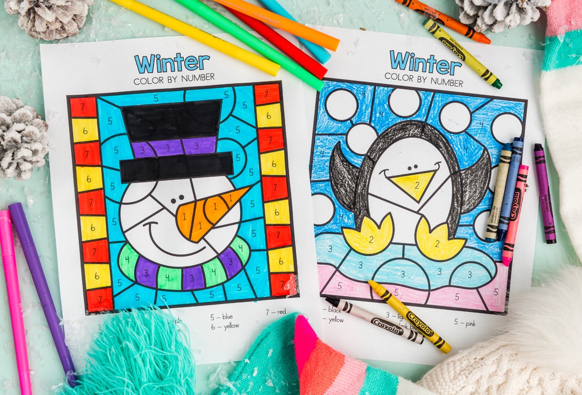 Winter color by number free printables