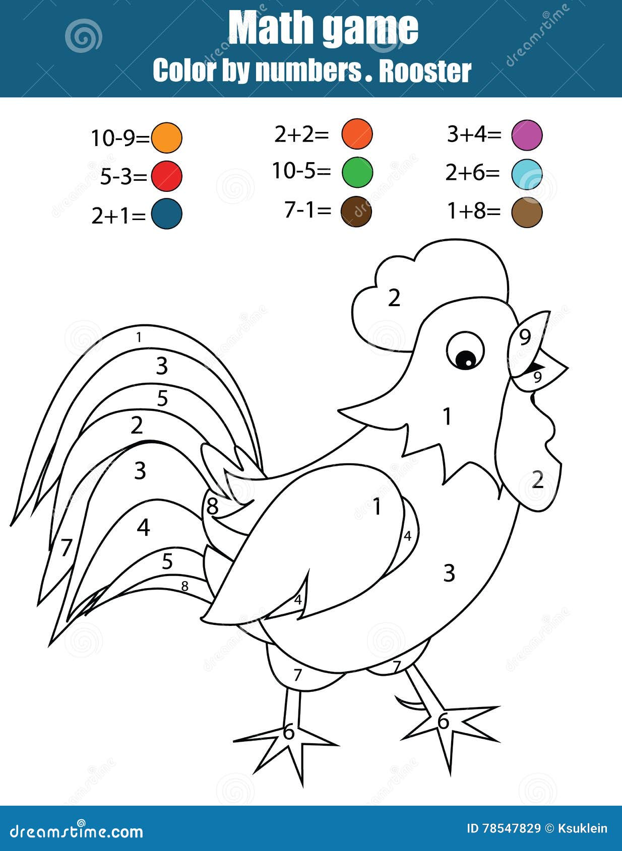 Coloring page with rooster color by numbers mathematics educational game worksheet stock vector
