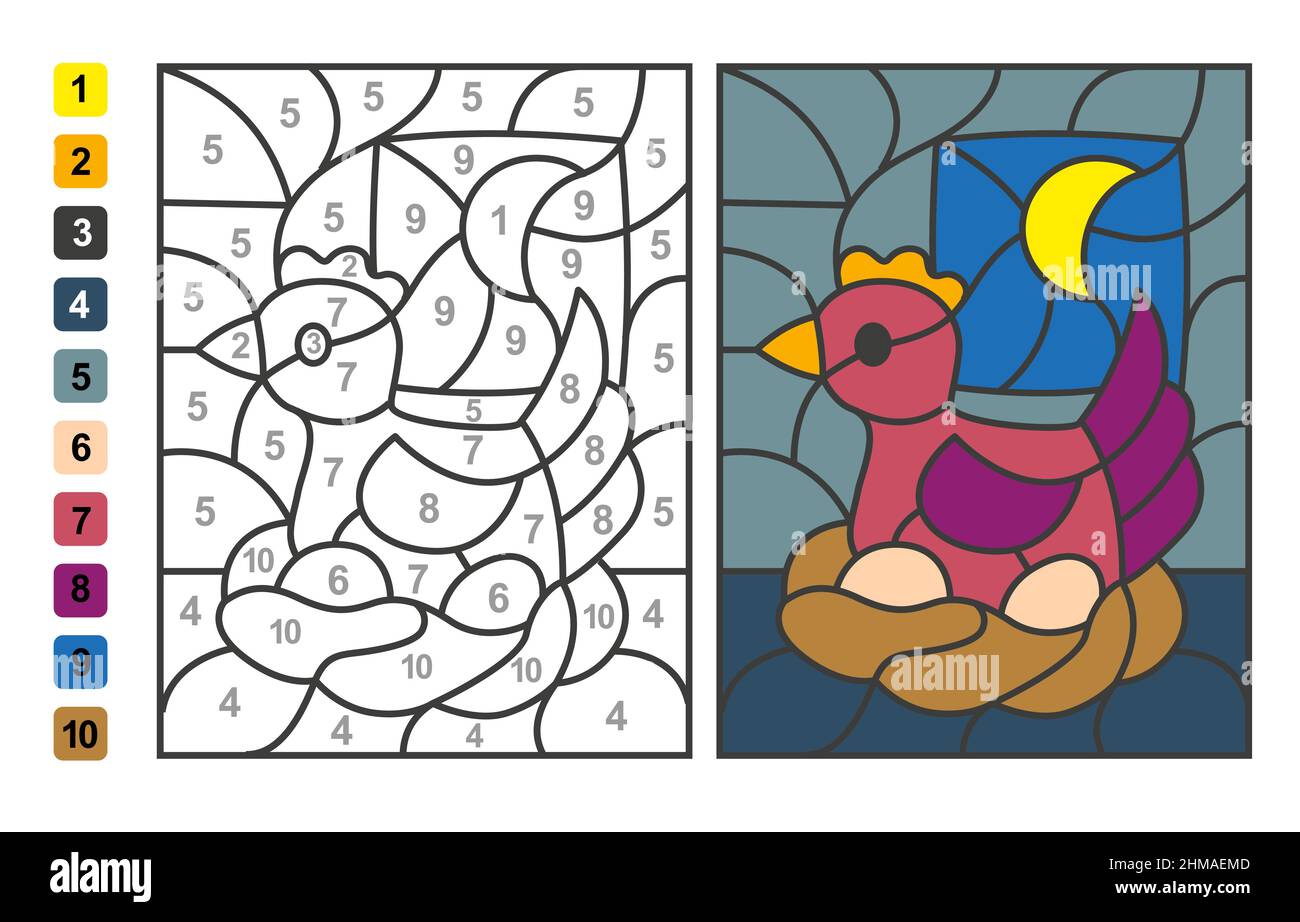 Simple vector coloring farm animal chicken on the nest color by numbers puzzle game for children education stock vector image art