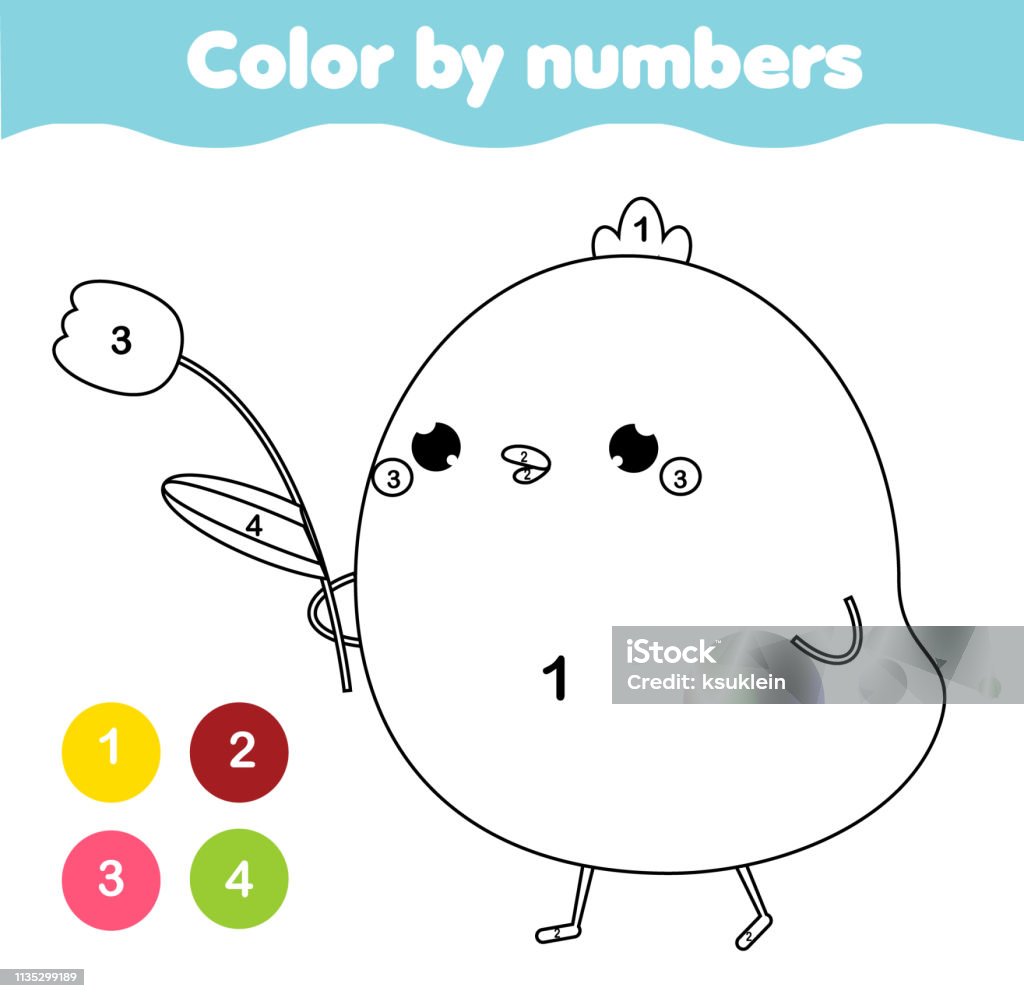 Coloring page for kids color by number cute chicken stock illustration