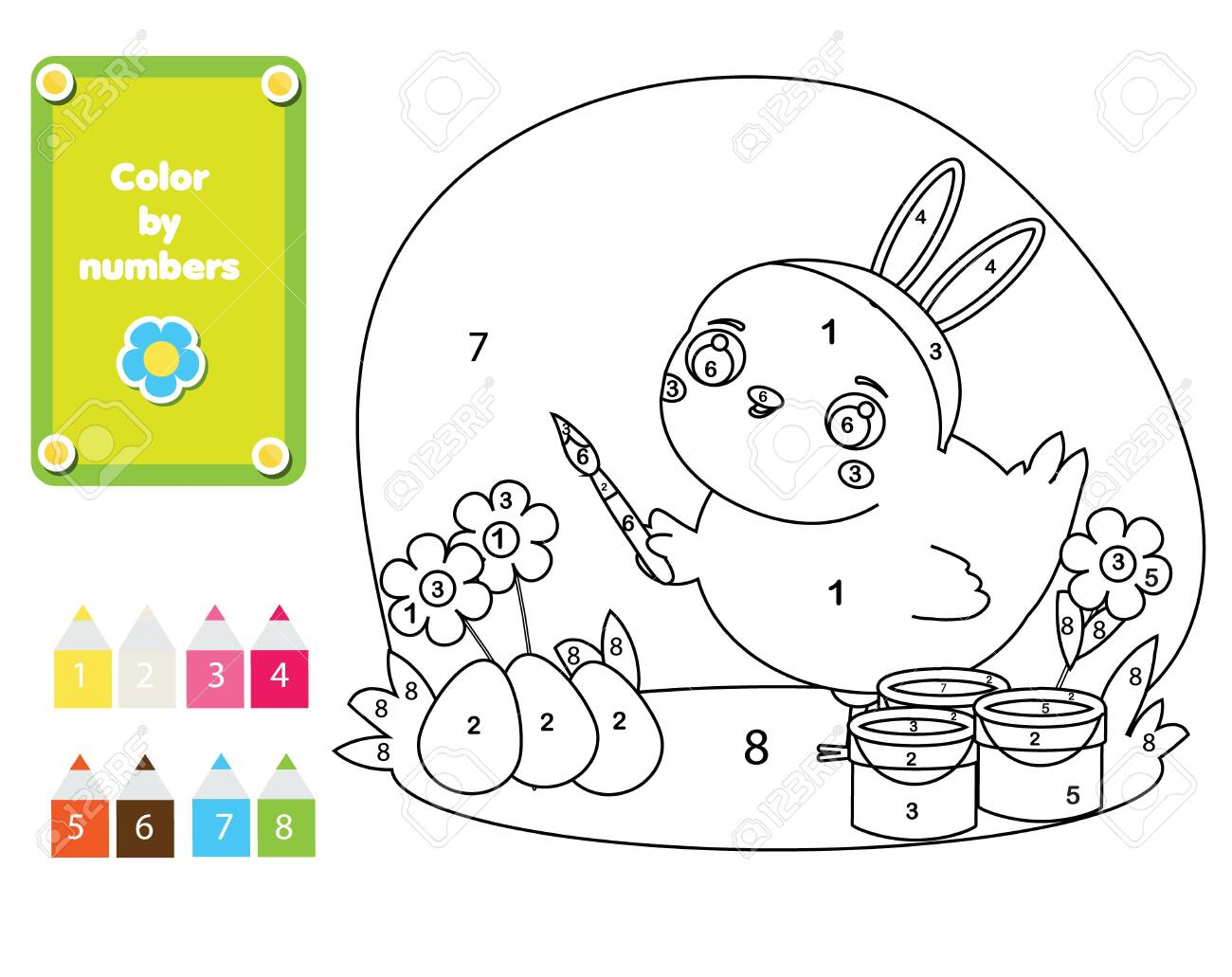 Cute chicken paint eggs easter theme coloring page for kids educational children game color by numbers stock photo picture and royalty free image image