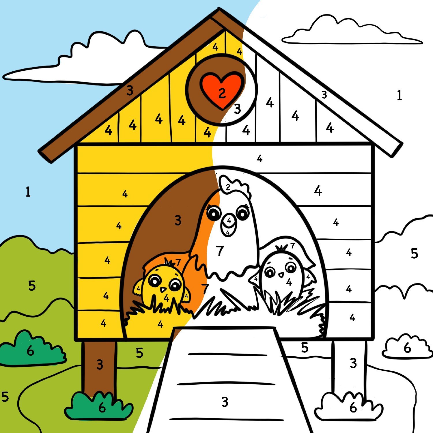 Farms chicken coop color by number coloring page