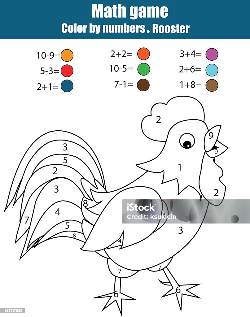 Coloring page with rooster color by numbers mathematics educational game stock illustration