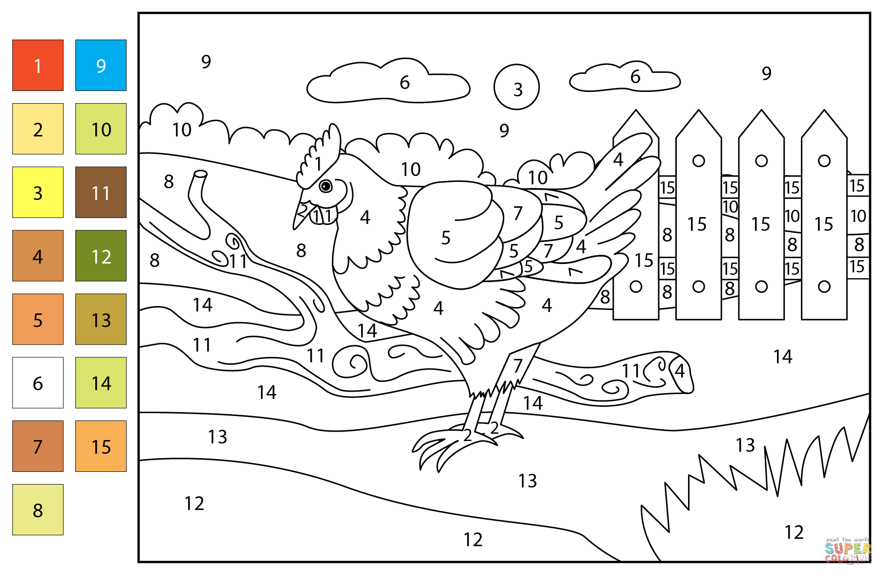 Chicken color by number free printable coloring pages