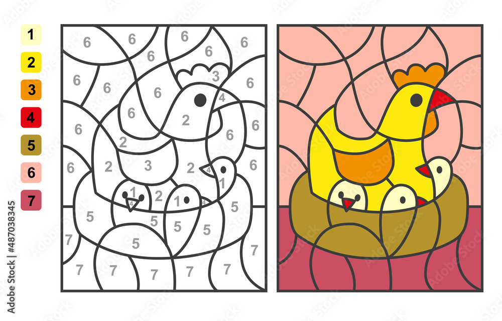 Color by numbers farm animal chicken on the nest puzzle game for children education numbers and colors for drawing and learning mathematics vector