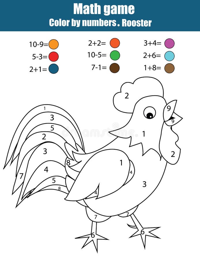 Coloring page with rooster color by numbers mathematics educational game worksheet stock vector