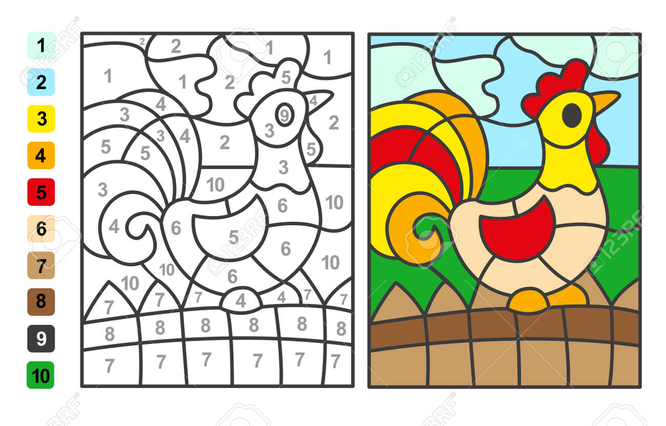 Color by numbers rooster animal puzzle game for children education drawing and learning mathematics royalty free svg cliparts vectors and stock illustration image