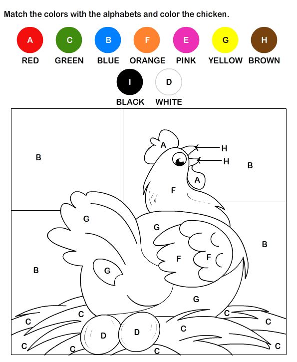 Color the chicken by alphabets free preschool worksheets preschool colors free preschool printables