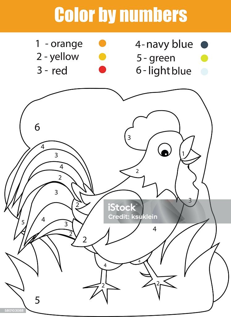 Coloring page with rooster color by numbers stock illustration