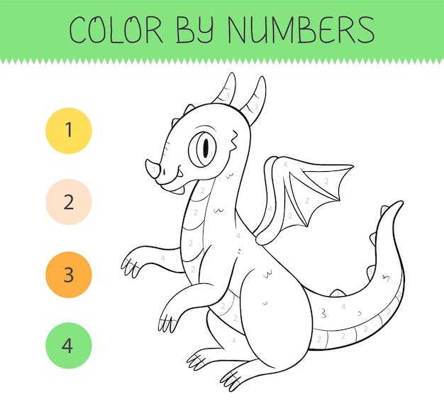 Premium vector color by numbers coloring book for kids with cute dragon coloring page with cartoon dragon