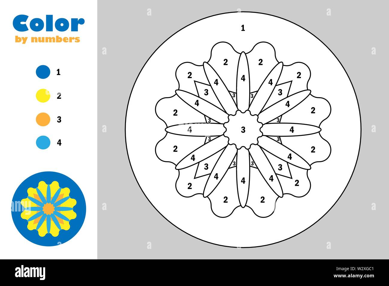 Mandala in cartoon style color by number education paper game for the development of children coloring page kids preschool activity printable wor stock vector image art