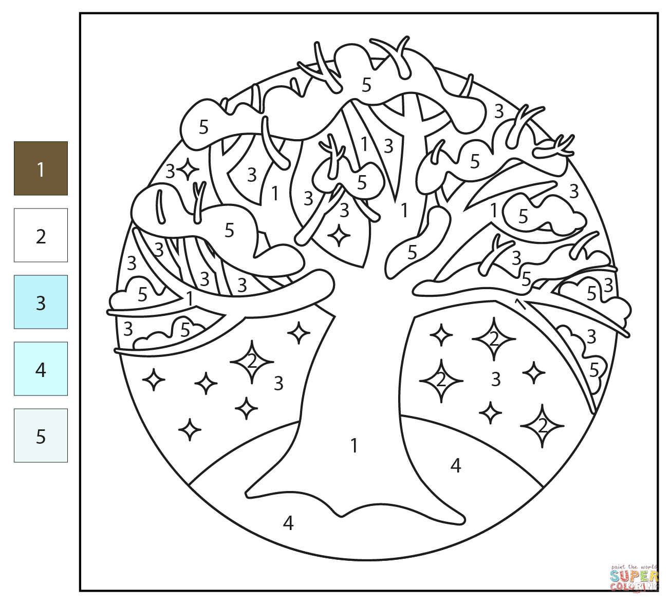 Winter tree color by number free printable coloring pages