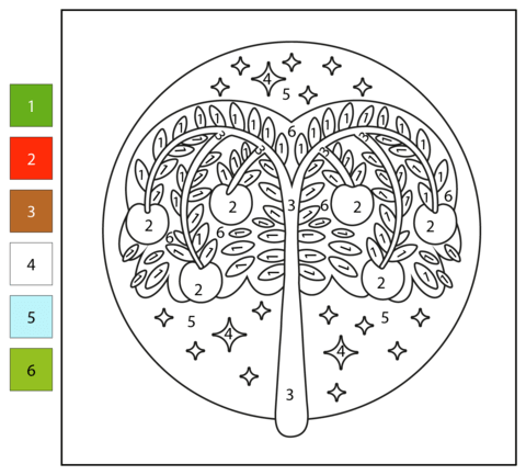 Apple tree color by number free printable coloring pages