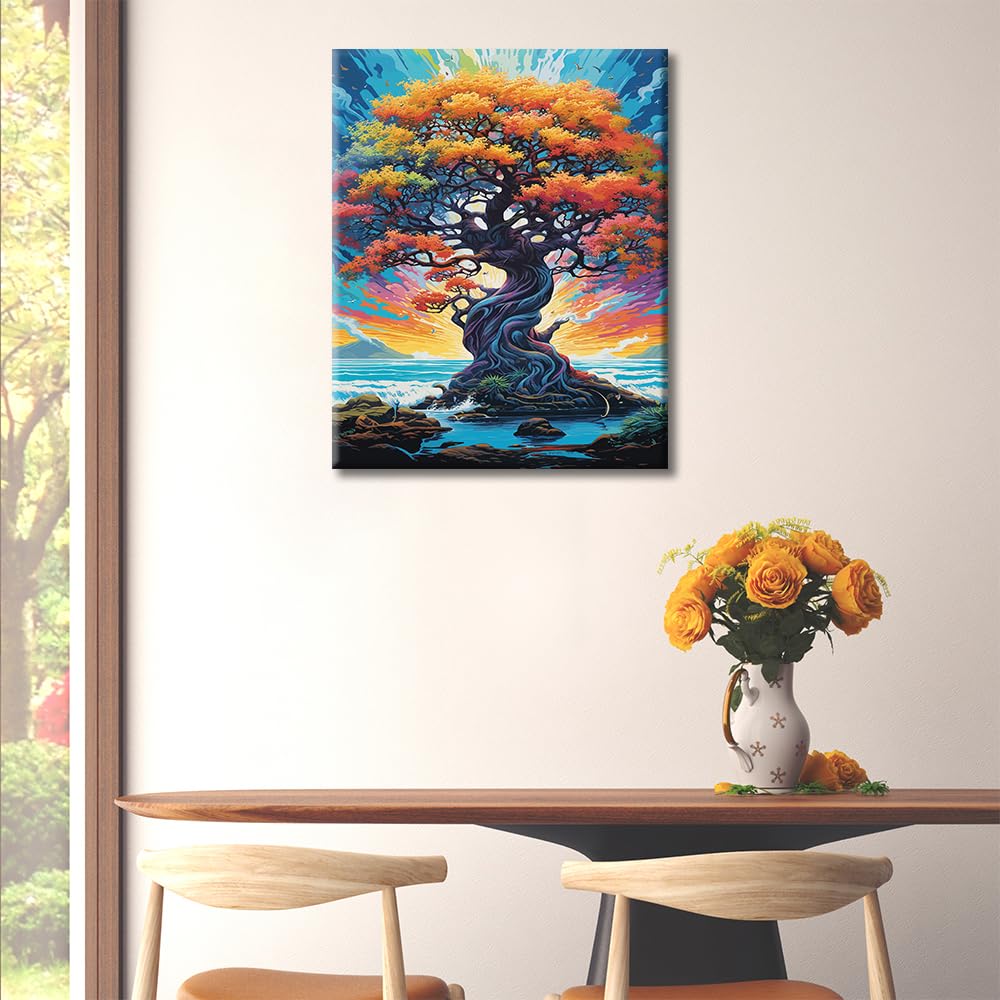 Tree of life paint by numbers kit for adults colorful wishing tree oil painting on canvas wall decor canvas painting for home living room decorx inches without frame