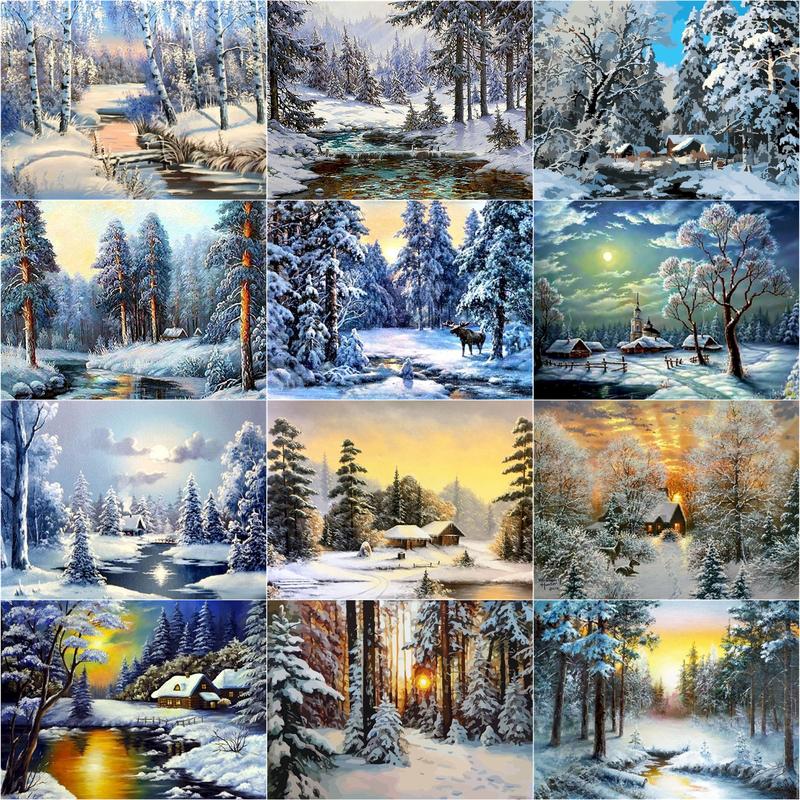 Gatyztory coloring by numbers winter pictures oil painting by numbers snow landscape home decor kits drawing canvas handpainted