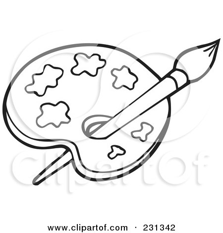 Clipart of a cartoon paint palette with colorful spots and a brush