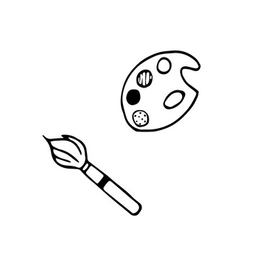 Premium vector hand drawn doodle paint palette and paintbrush black and white clip art outline