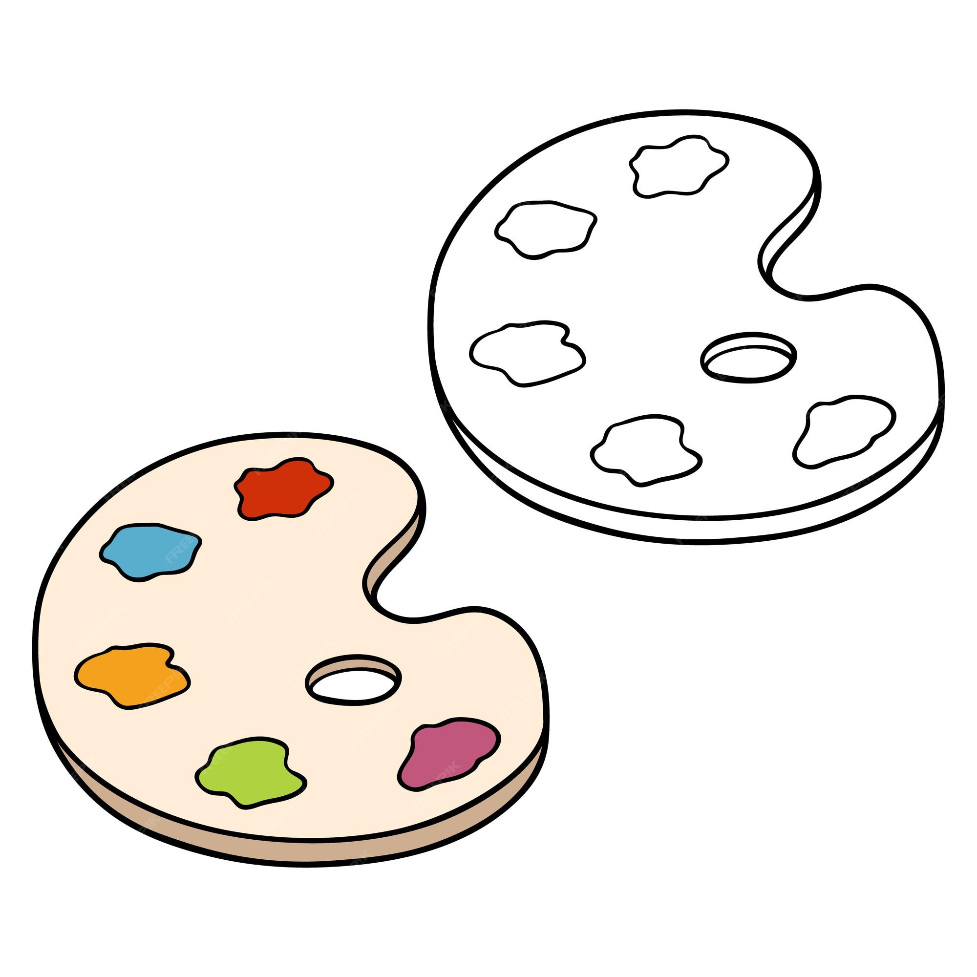 Premium vector illustration coloring page of cartoon paint palette with example for children and scrap book
