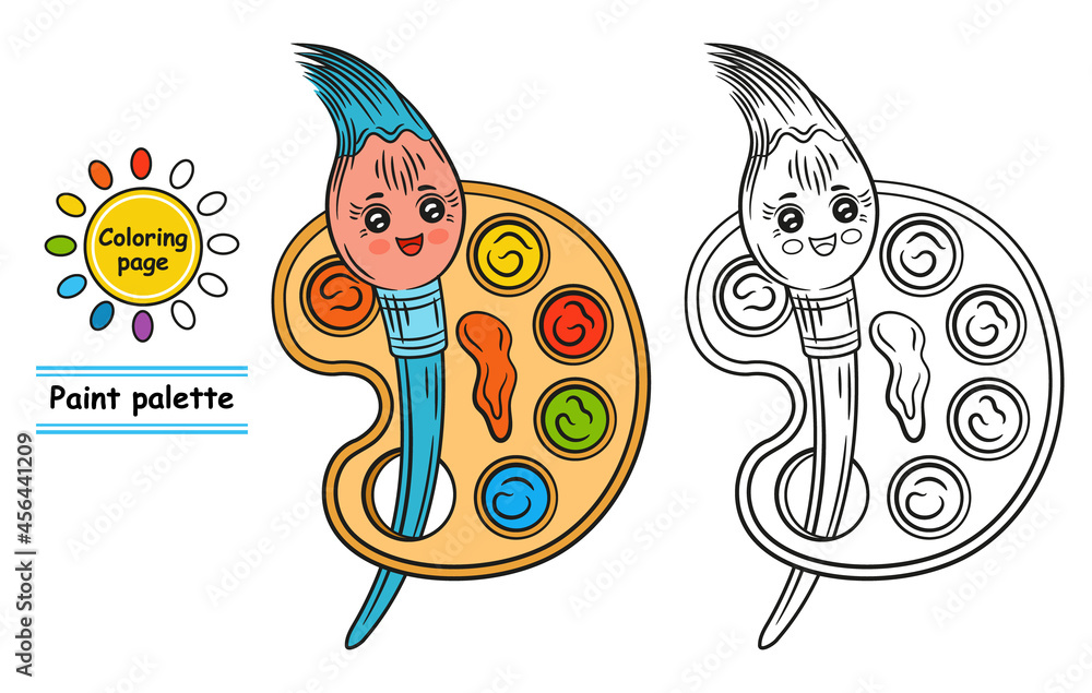 Paint palette and brush character for kids coloring book cute painting pen with smile art material painter supplies cartoon colored and black outline drawing colouring page children game vector vector