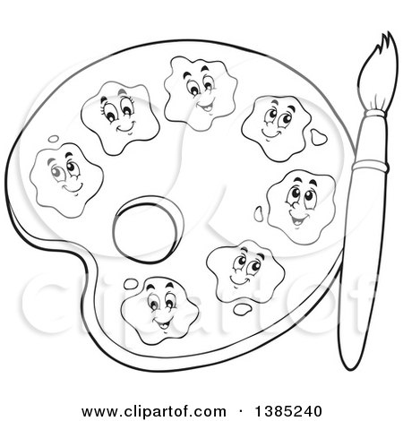 Black and white lineart cartoon paint palette with character spots and a brush posters art prints by