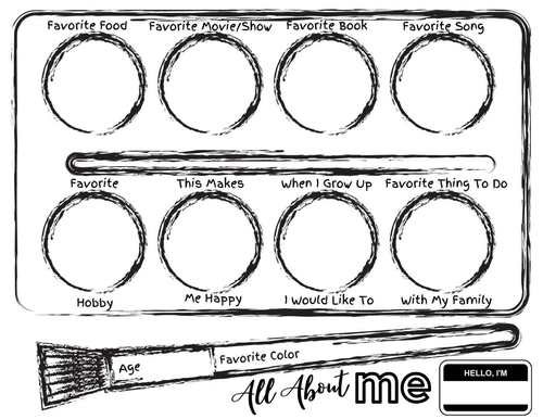 Art back to school all about me watercolor paint palette coloring page writing