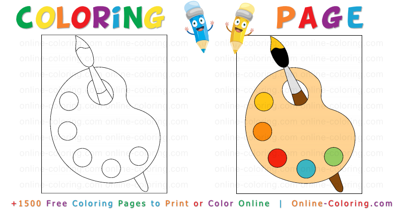 Artists palette with paints and brush free online coloring page