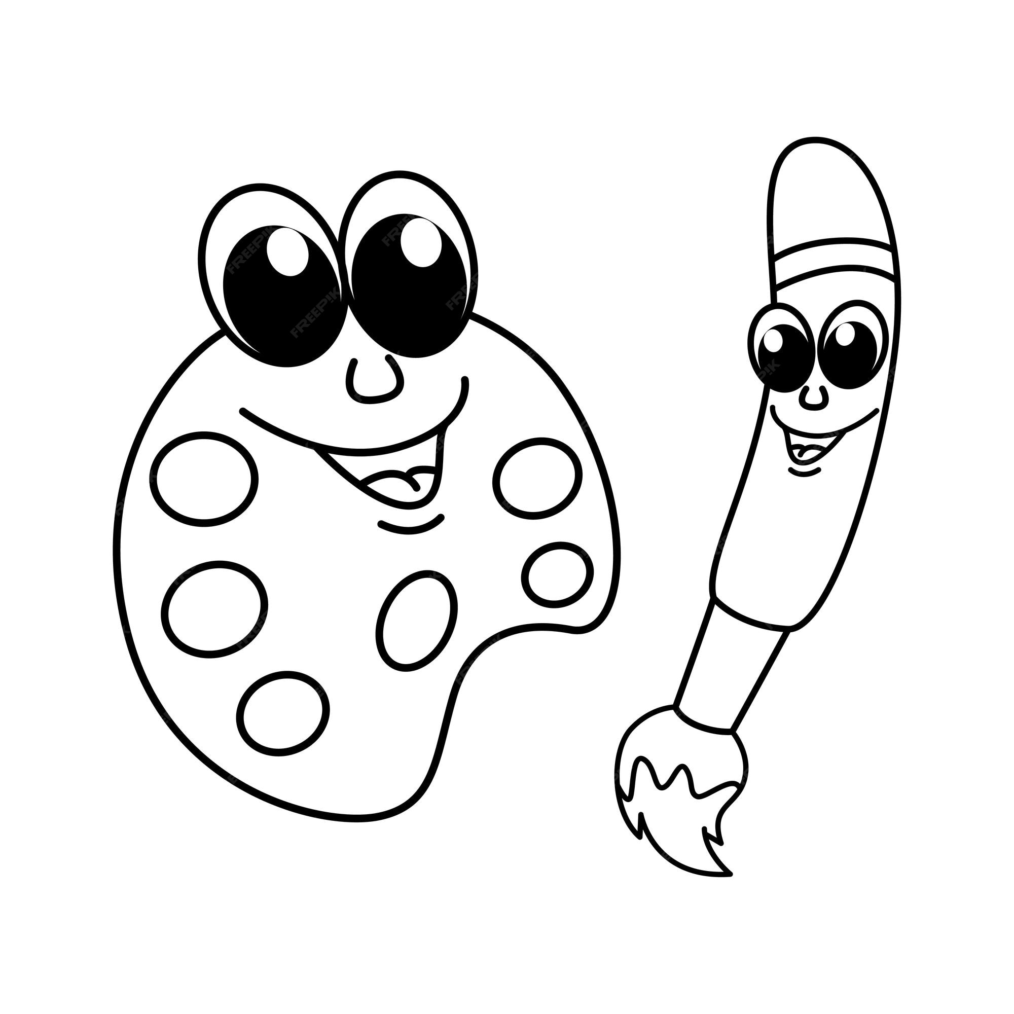 Premium vector funny paint palette and brush cartoon characters with cute face vector illustration for kids coloring book