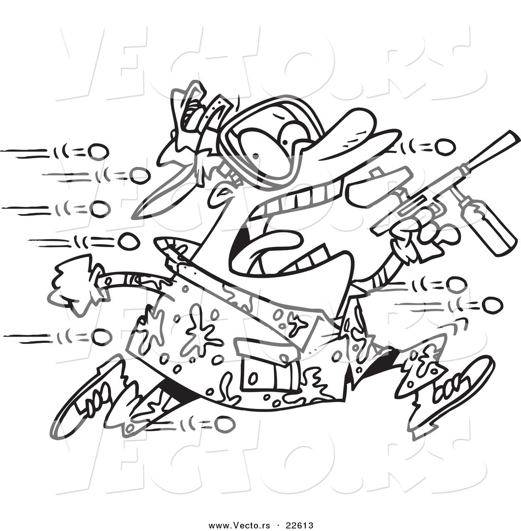 R of a cartoon man being hit with paintballs