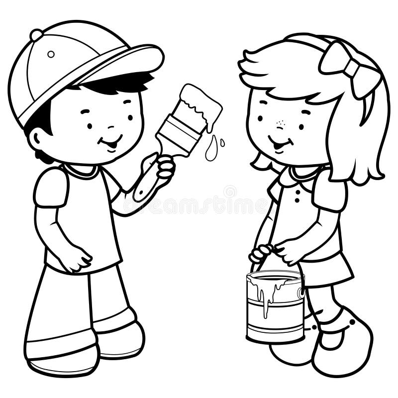 Children painting with a paint brush vector black and white coloring page stock vector