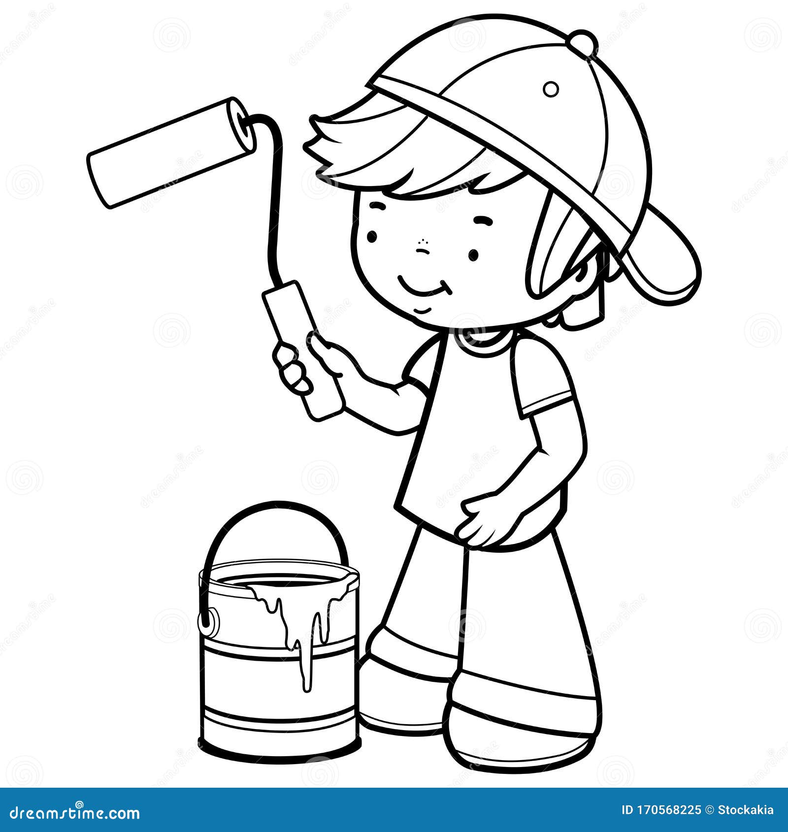 Boy holding a paint roller and bucket vector black and white coloring page stock vector