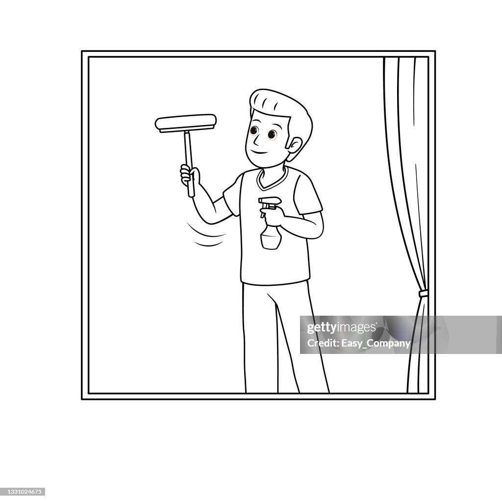 Black and white vector illustration of kids activity coloring book page with pictures of men doing housework by wipe the glass high