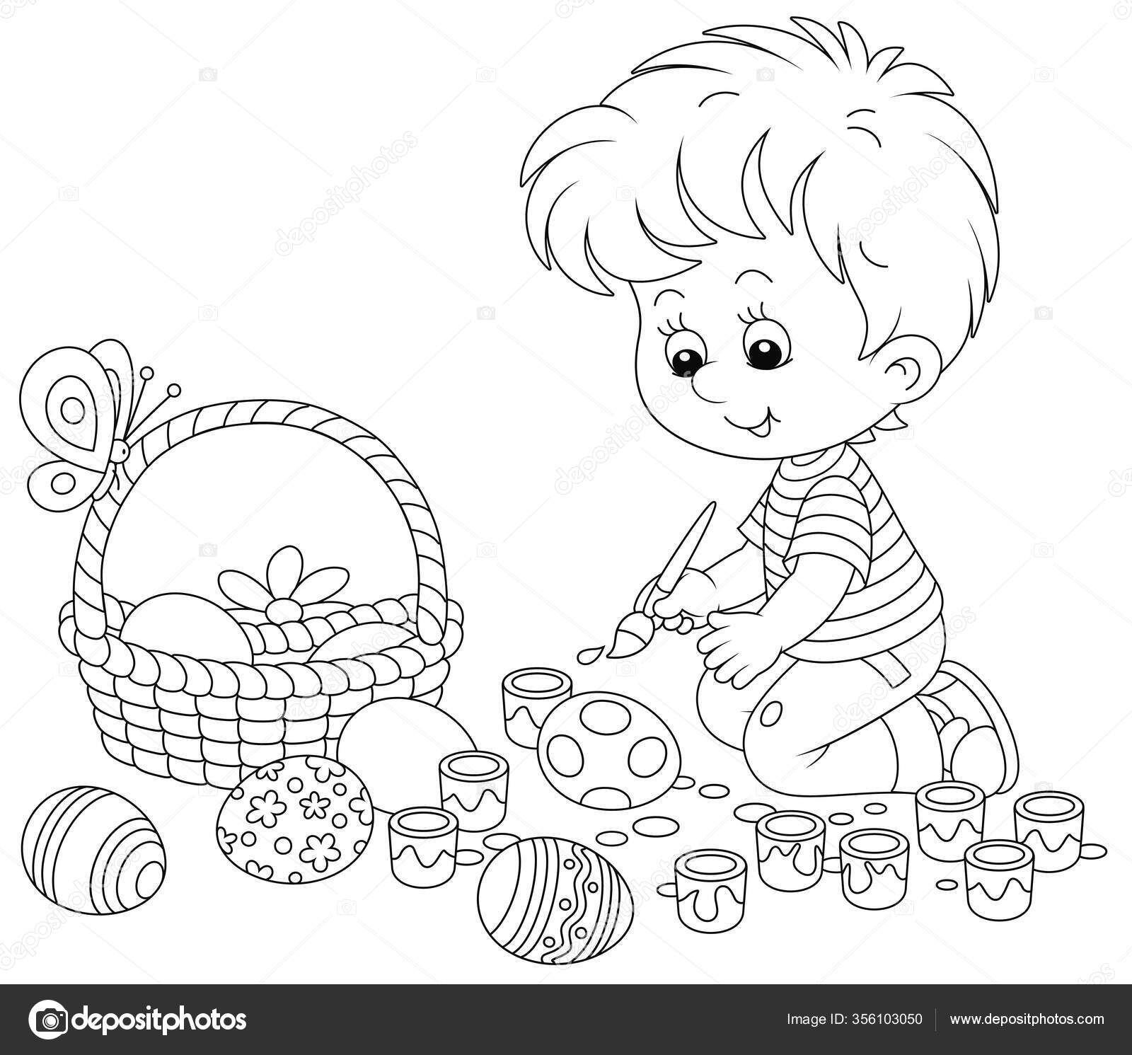 Happy little boy getting ready holiday coloring decorating easter eggs stock vector by alexbannykh