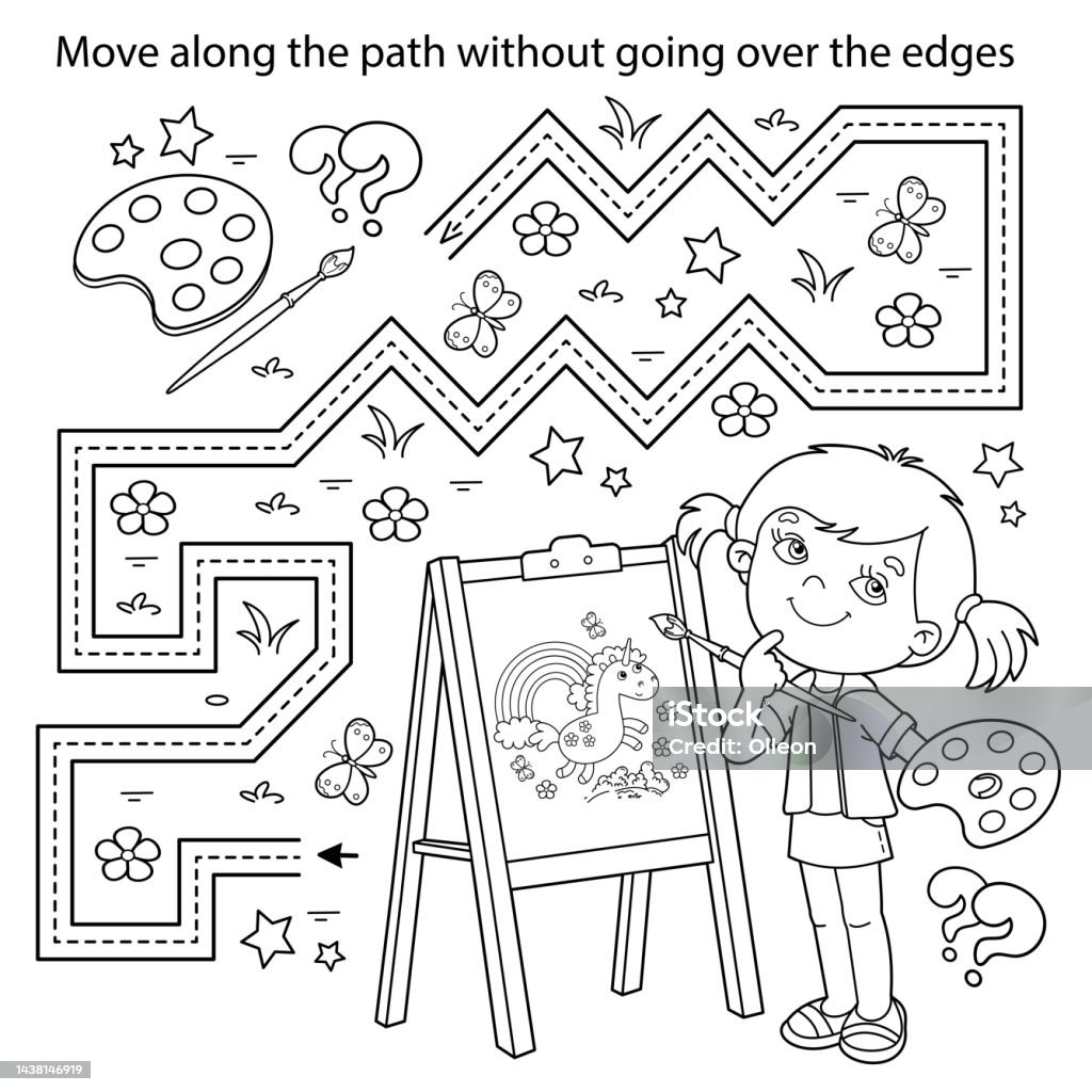 Handwriting practice sheet simple educational game or maze coloring page outline of cartoon girl with brush and paints little artist with easel coloring book for kids stock illustration