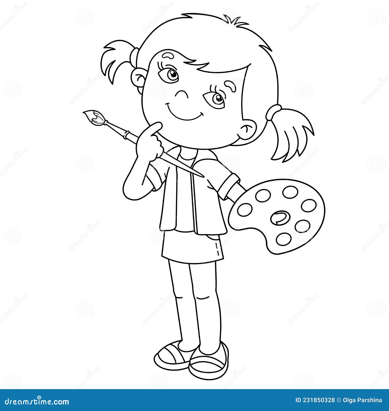 Coloring page outline of cartoon girl with brush and paints little artist stock vector