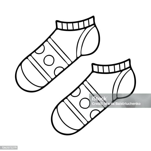 Coloring page a pair of warm socks with a knitted top and a bow tie piece of clothing hand drawn vector line art illustration coloring book for children and adults black and