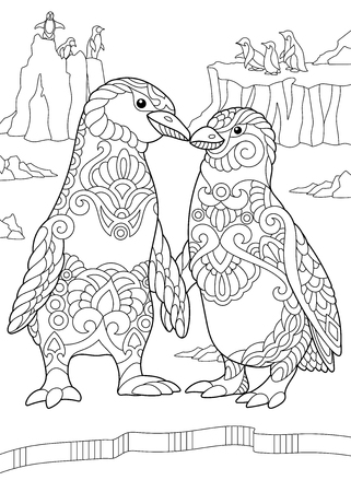 Coloring page of emperor penguins couple kissing each other freehand sketch drawing for adult antistress coloring book in zentangle style