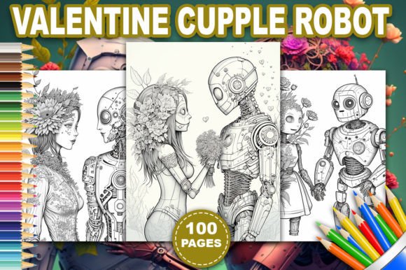 Valentine couple robot coloring pages
