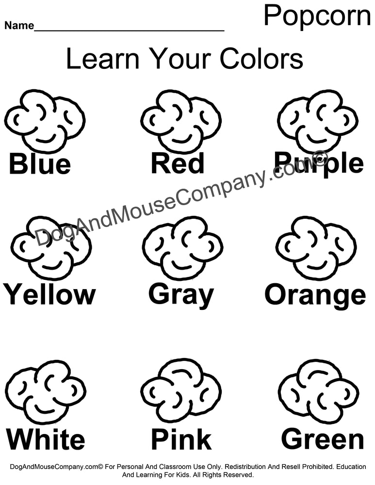 Learn your colors popcorn coloring page worksheet printable digital do â dog and mouse pany