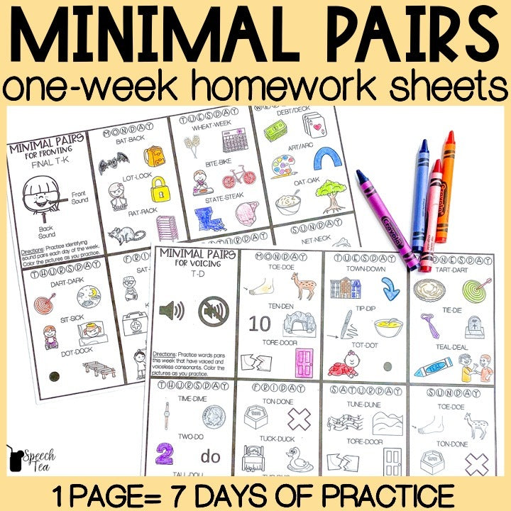 Minimal pairs homework color sheets for phonological processes â