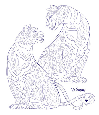Black and white page for coloring book fantasy drawing of couple beautiful leopards saint valentine day greeting card pattern for print and embroidery worksheet for children and adults vector image