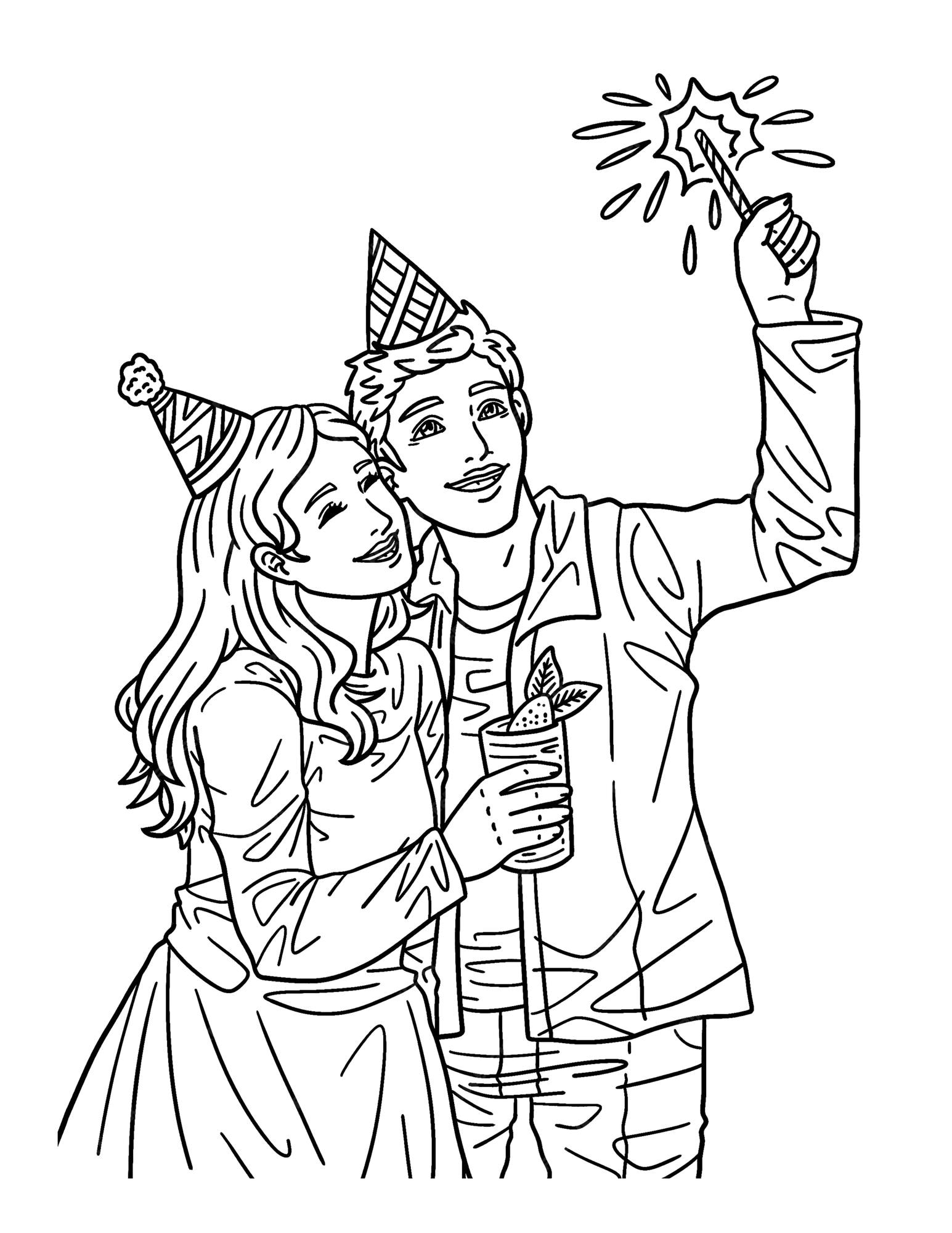 Premium vector a cute and beautiful coloring page of a couple celebrating new year provides hours of coloring fun for adults