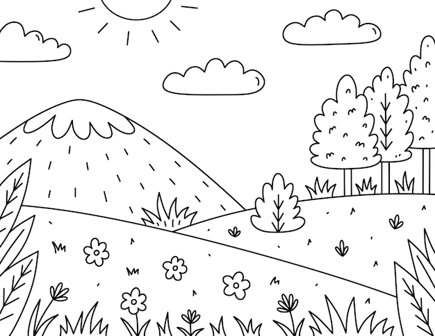 Premium vector cute kids coloring page landscape with sun clouds mountains field trees bushes and flowers