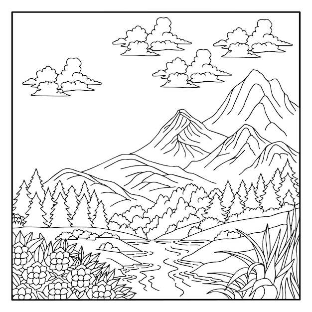 Premium vector design vector coloring page for kid mountain landscape