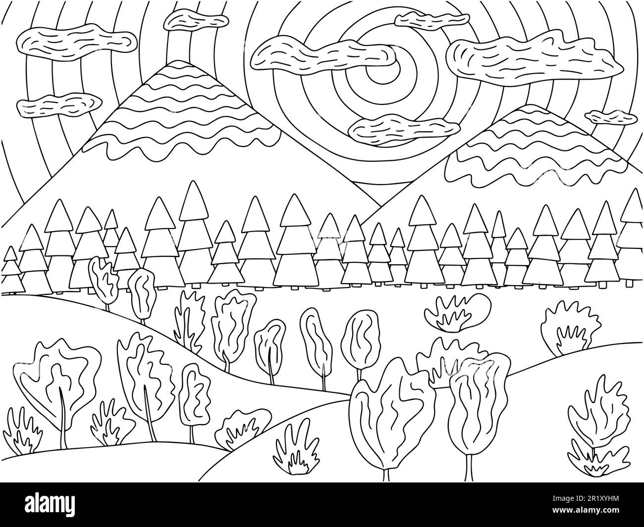 Coloring page with mountain landscape stock vector image art