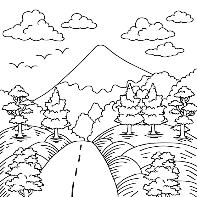 Premium vector print design nature landscape outline coloring page