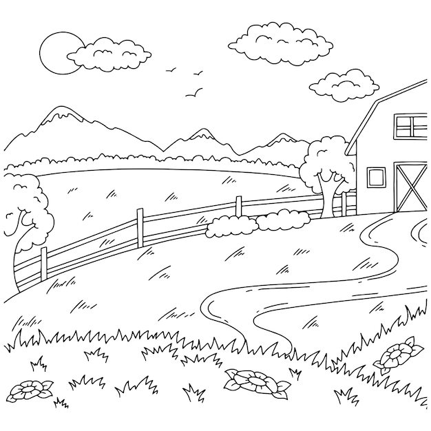 Premium vector wonderful natural landscape on farm coloring book page for kids