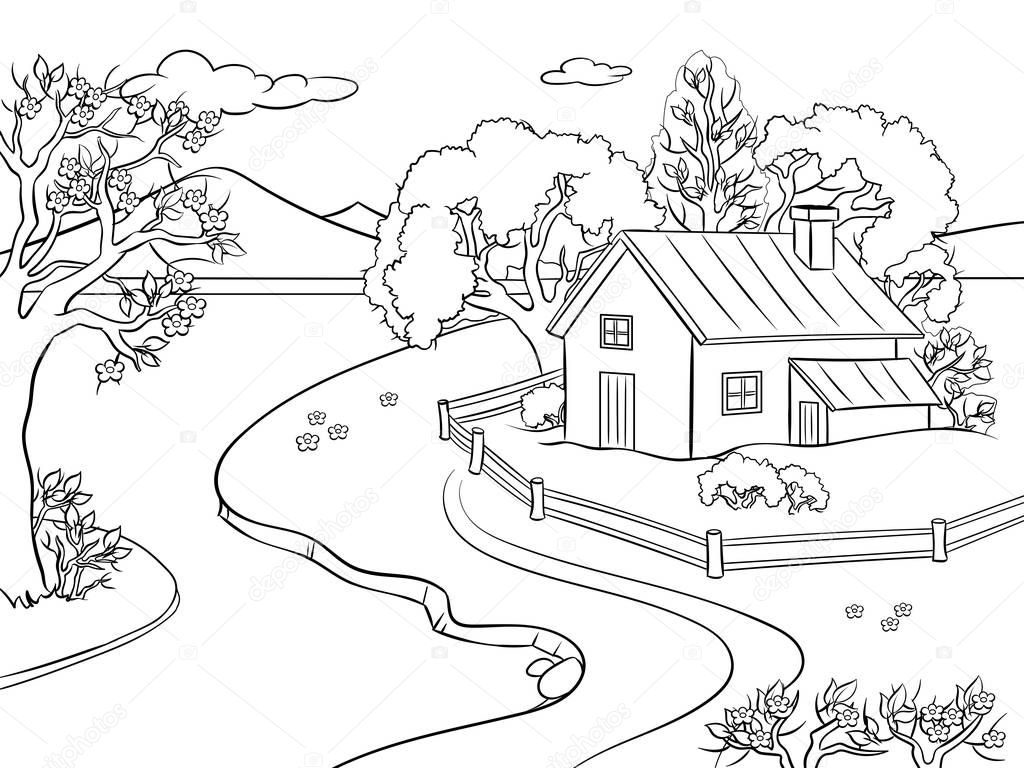 Primavera paisaje para colorear libro vector vector de stock de alexanderpokusay