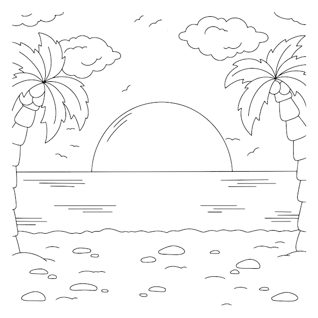 Premium vector wonderful natural landscape with beach coloring book page for kids cartoon style