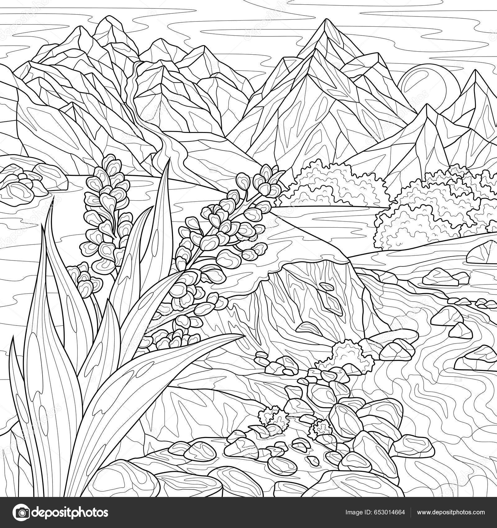 Flor paisaje con montaãas rão libro para colorear antiestrãs para vector de stock por vlasenkoekaterinkagmail