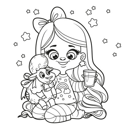 Cute cartoon girl in pajamas with soft toy sheep and glass of milk outlined for coloring page on a white backgroundãç æ fy ãããããããã